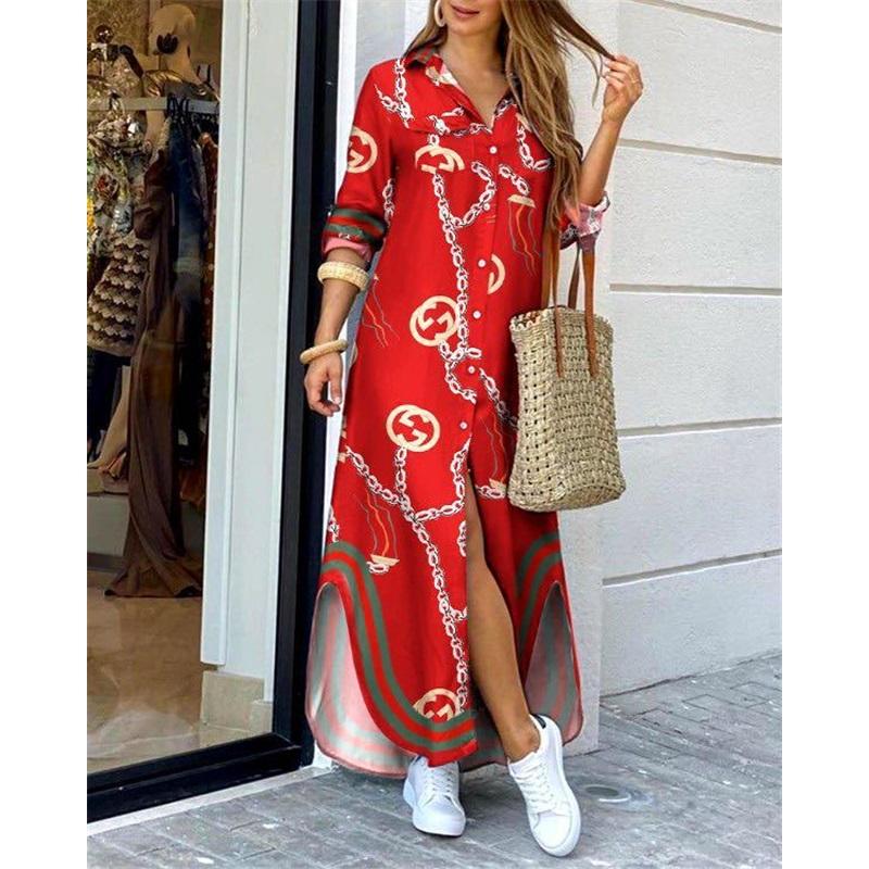 Women's Summer New Style Long-sleeved Casual Shirt Skirt Long Printed Split V-neck Large Size Loose Dress