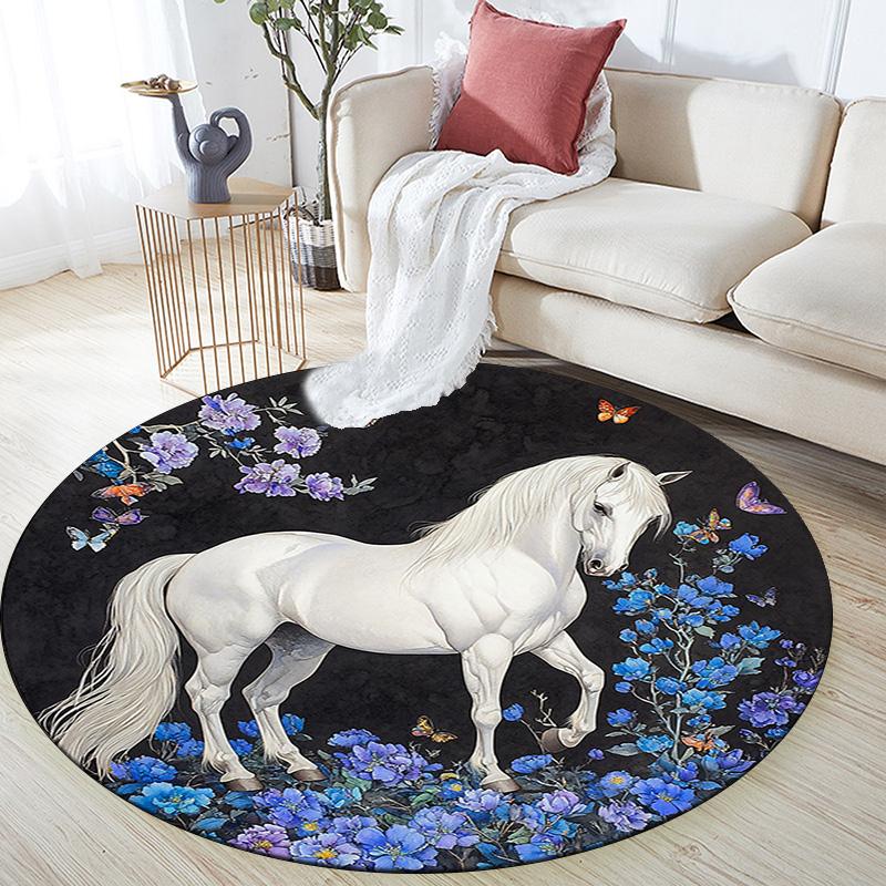 White Horse Round Area Rug,Carpet Rug for Living Room Bedroom Sofa Playroom Decor,Non-slip Floor Mat
