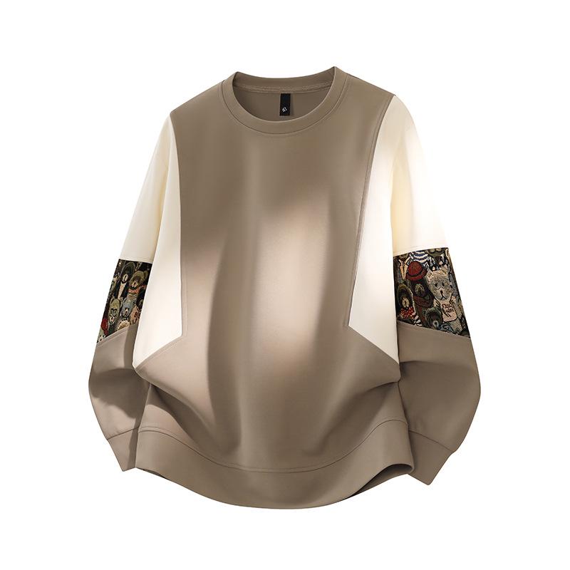 ACU Menswear Fleece-Lined Men's Sweatshirt - Autumn/Winter 2026, Bear Sleeve Patchwork, Jacquard, Round Neck, Color Block Design