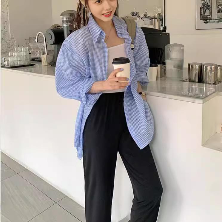 2026 Pink Korean Style Plaid Loose Sun Protection Bubble Cotton Lapel Shirt for Women