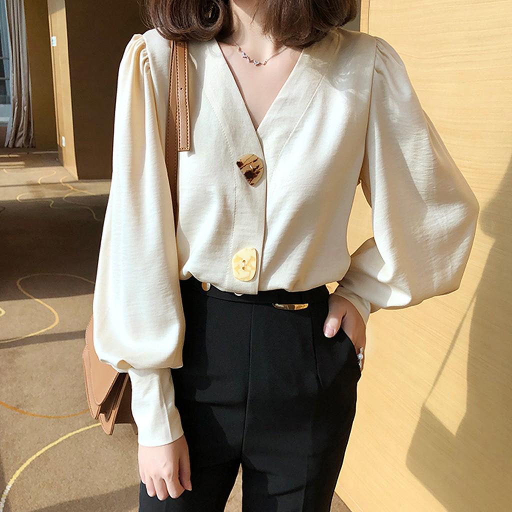 Long Sleeve V-Neck Casual Shirt Blouse 