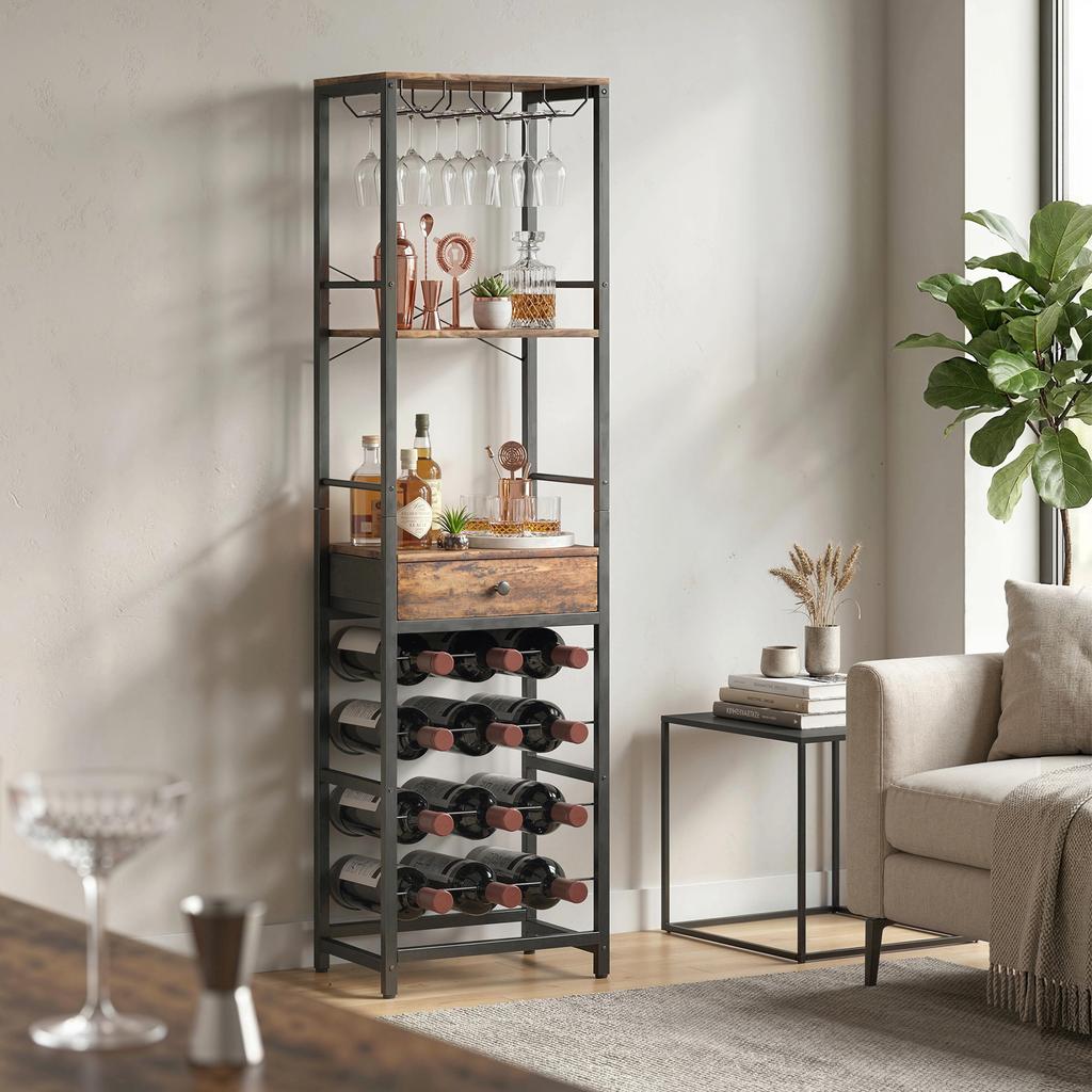 Wine Bar Cabinet with Drawer, Industrial Bar Cabinet, Wine Rack for 12 Bottles, Glass Holder, Rustic Brown