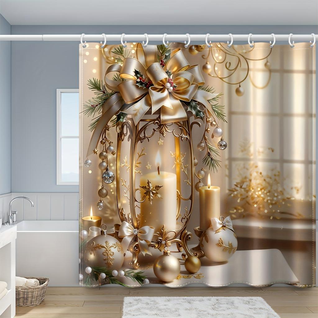 Christmas Shower Curtain Set Golden Candleholder Pattern Waterproof Polyester Machine Washable Arts-Themed Festive Decor
