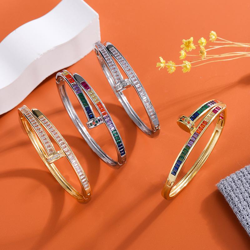 Ka Family Deluxe Micro-Inlaid Zircon Colored Gold Copper Nail Bracelet: Exquisite, Fashionable, and High-End Women's Jewelry.