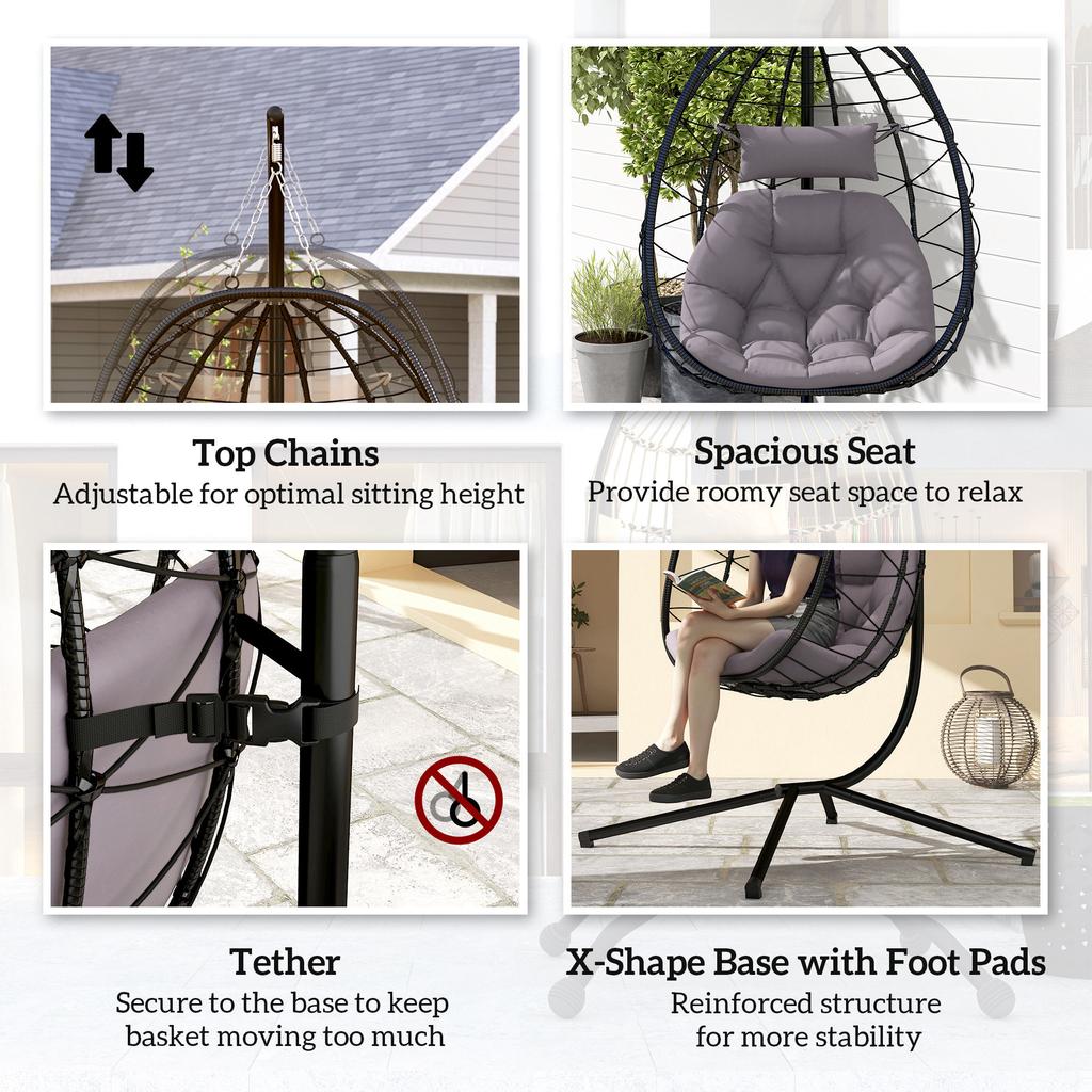 Hanging Egg Chair Outdoor Indoor Garden Swing Chair with Folding Basket, Thickened Cushion, Garden Hanging Chair with Stand, Headrest for Patio