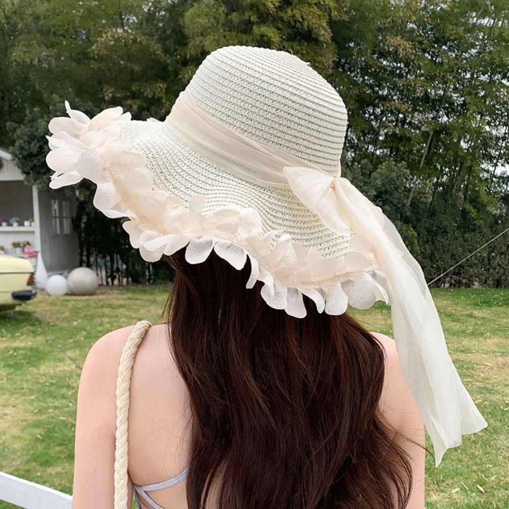 Breathable Straw Hat Wide-brimmed Beach Hat Sweet Sunshade Hat  for Summer Sun Protection