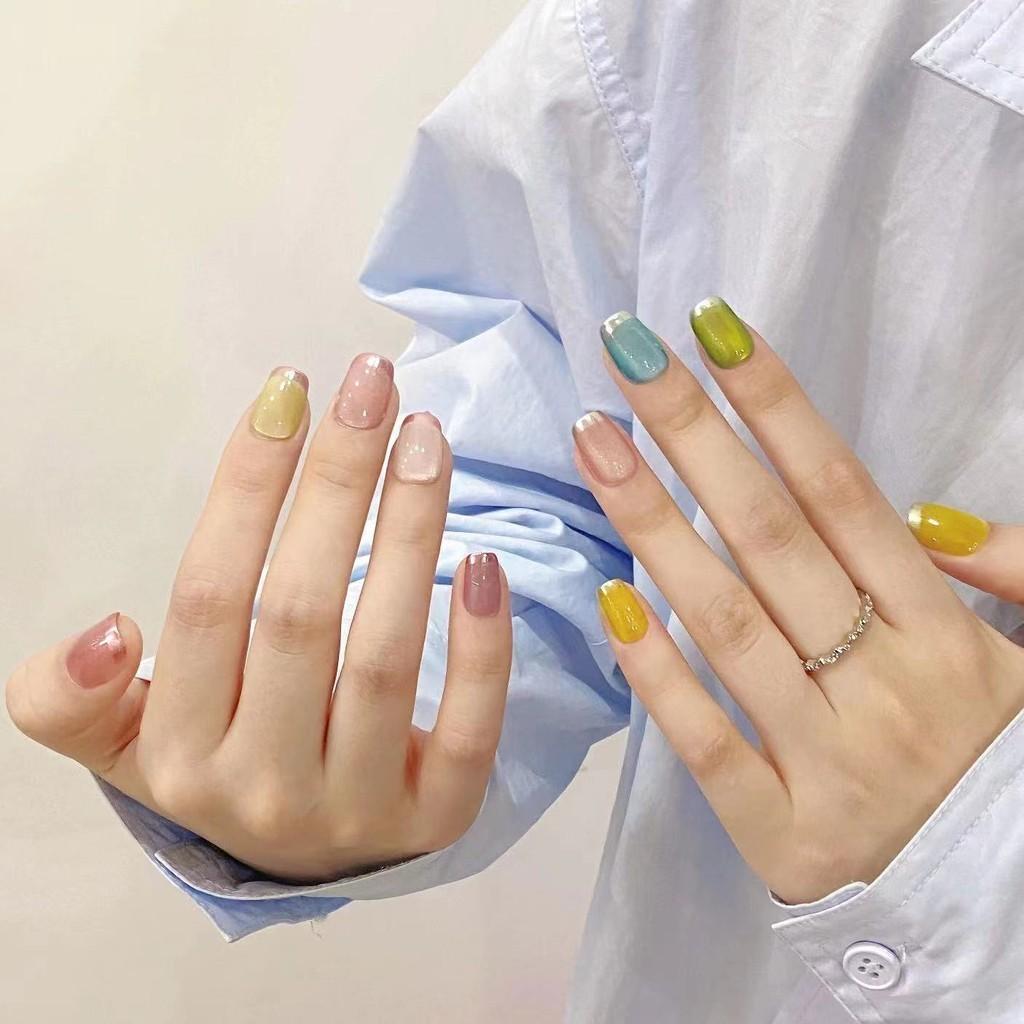 HANDMADE Artificial Nail Dopamine Ice Glass Rainbow Cat's Eye Phototherapy Nails Fake Nails Reusable and Removable Nails