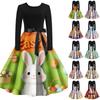 Rochie Retro cu Imprimeu de Crăciun, Casual, de Modă pentru Femei, cu Gât Rotund, Mâneci Lungi