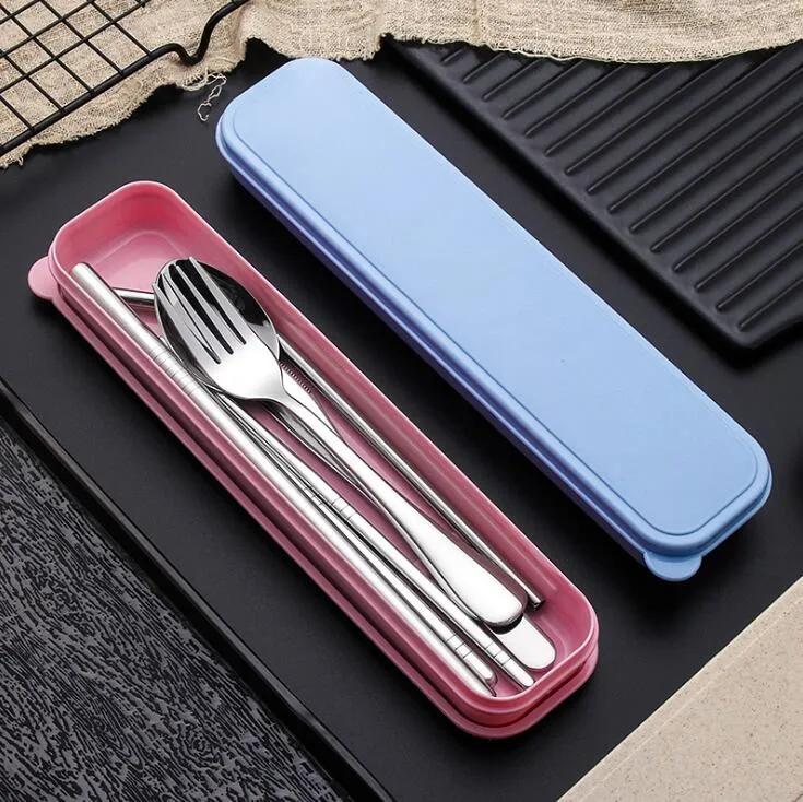 Stainless Steel Flatware Portable Cutlery For Outdoor Travel Picnic Dinnerware Set Metal Straw With Box And Bag Kitchen Utensil FMT2155