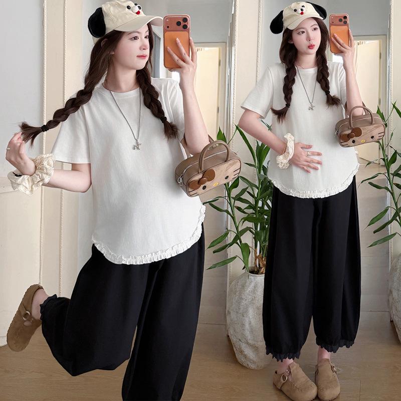Korean Style Maternity Set: Lace Trim Loose Top + Drawstring Balloon Pants L