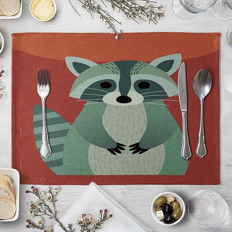 

40x30cm Cartoon Animal Pattern Linen Dining Table Mat Cute Bear Elk Squirrel Print Table Placemat For Kids Coaster Kitchen Decor 1pcs 45x30cm Linen