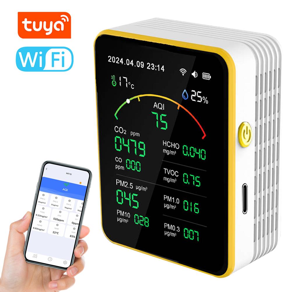 

Tuya WiFi 15в1 детектор качества воздуха бытовой портативный AQI PM0.3 PM1.0 PM2.5 PM10 CO CO2 TVOC HCHO MT15-W белый