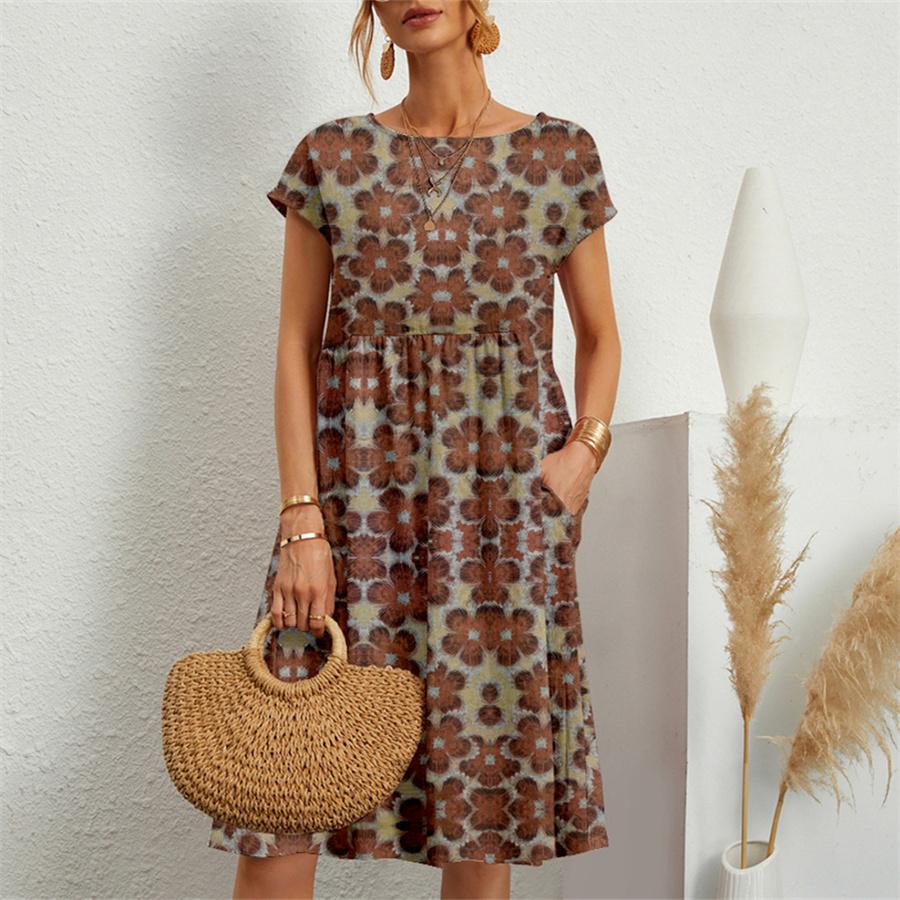 Fashion Women's Loose Fitting Cotton Linen Sleeveless Round Neck Floral Printed Summer Dress