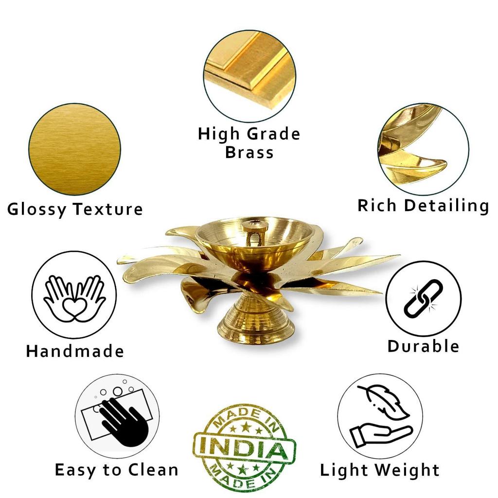 Decorative Brass Diya for Puja (Set of 1 Small 3inch Golden Sun Design) Center Wick Holder Pital Akhand Deep Vilakku for Home Décor,