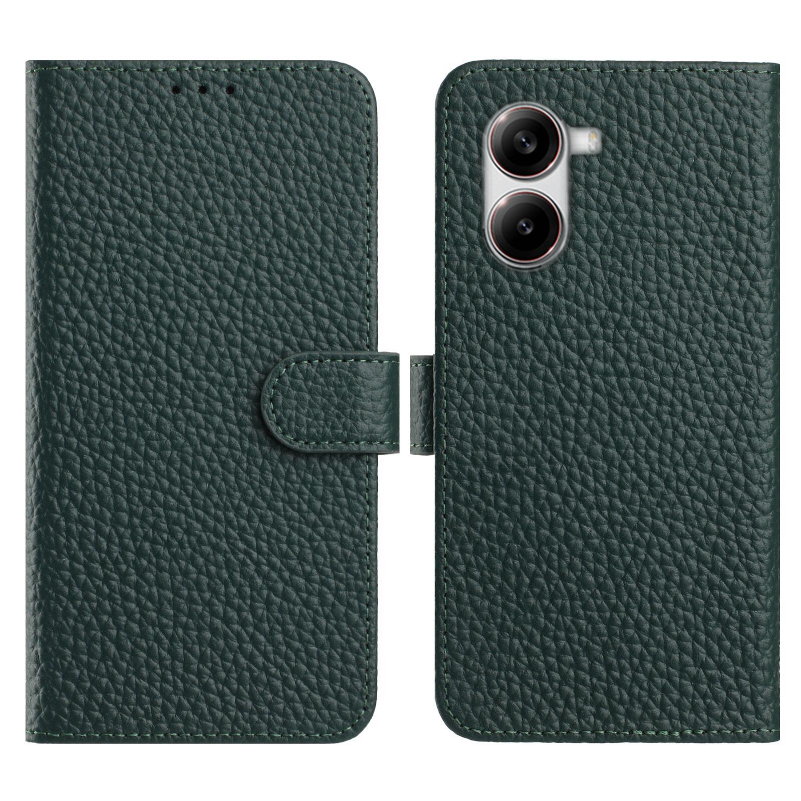 

For Xiaomi Poco X7 Pro 5G Case Wallet Stand Litchi Texture Genuine Cow Leather Flip Phone Cover Green