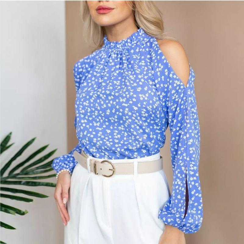 

Модная элегантная женская шифоновая блузка с открытыми плечами, длинным рукавом, принтом, свободного кроя, для офиса, весна-осень, свободный повседневный простой топ, женская одежда 5XL синий