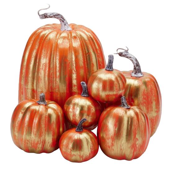 7 Pcs Artificial Pumpkins Assorted Sizes Faux Foam Pumpkin Crafts Farmhouse Rustic Fall Table Centerpiece for Halloween Mantel Shelf Decoration