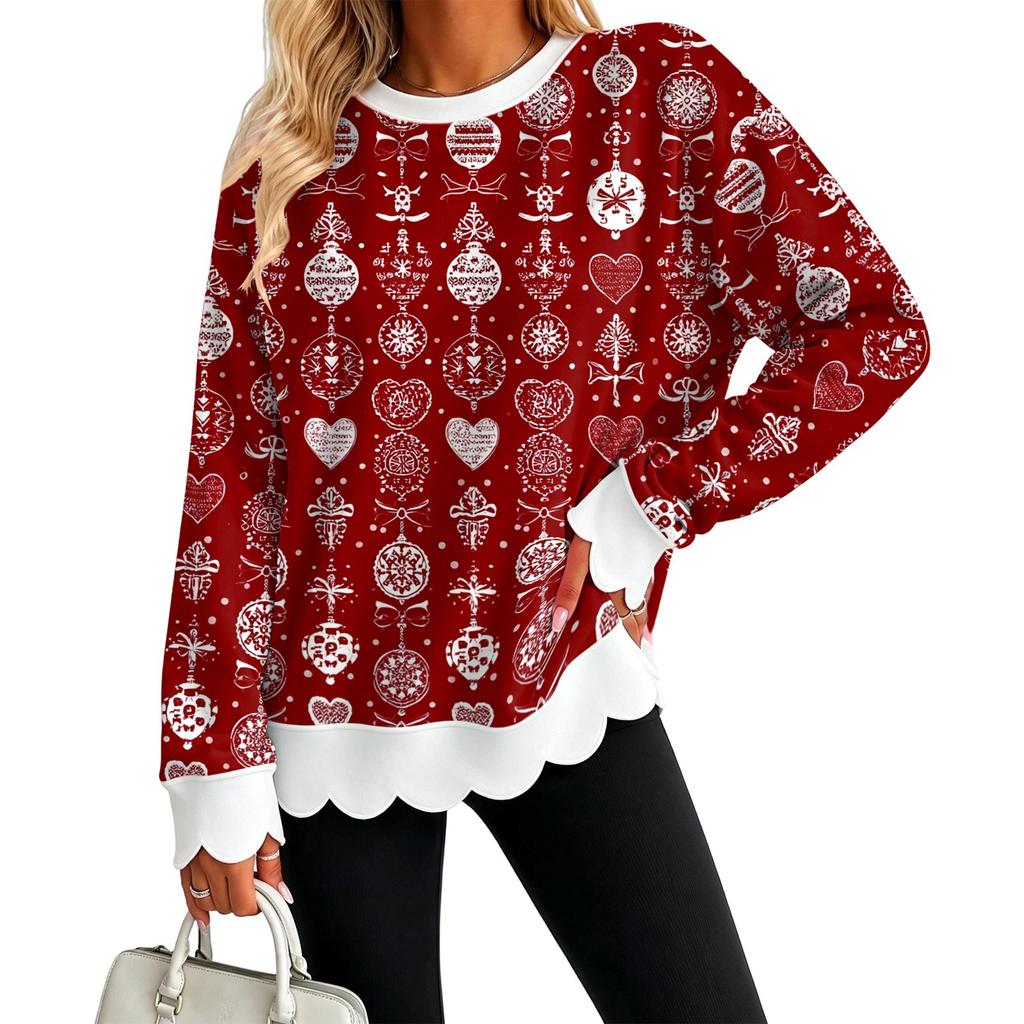Women's Christmas Print Crewneck Sweatshirt with Scalloped Wavy Hem Casual Holiday Top