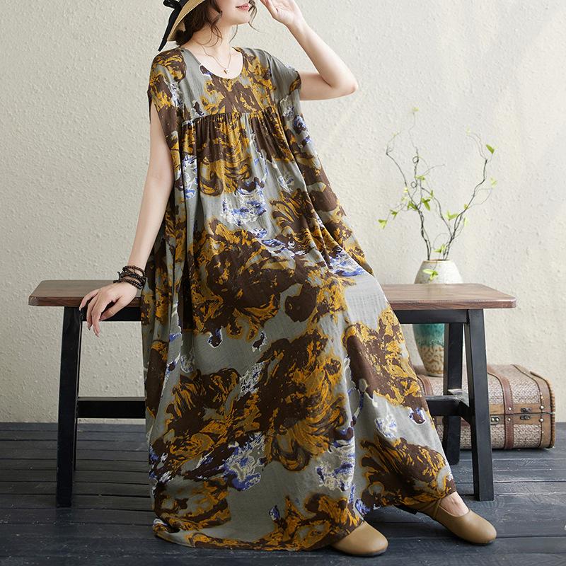 Summer Cotton Hemp Printed Artistic Loose Large Medium Long Dress for Women Casual Dresses