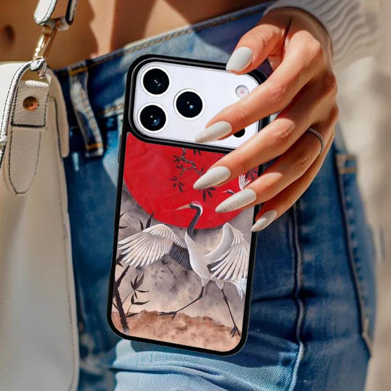 Red Sun Japanese Flying Crane Phone Case For iPhone 17 Air 14 15 13 12 Max Cover For Apple 16e 11 Pro Max Plus Coque