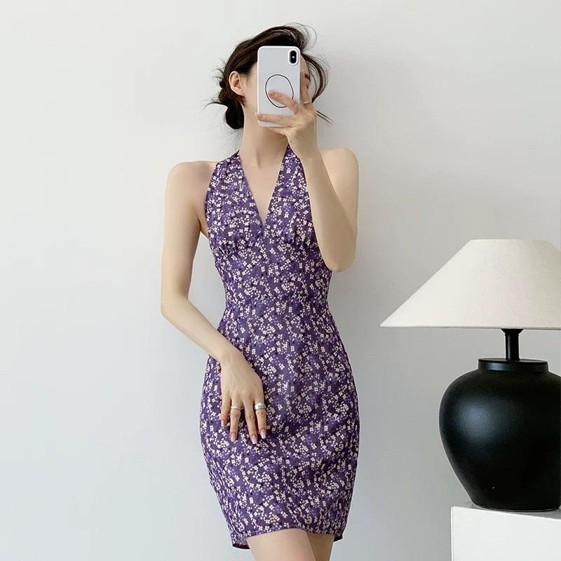 Purple royal sister wind floral neck deep V-neck dress women's summer French off-the-shoulder backless vacation hip-wrap skirt
