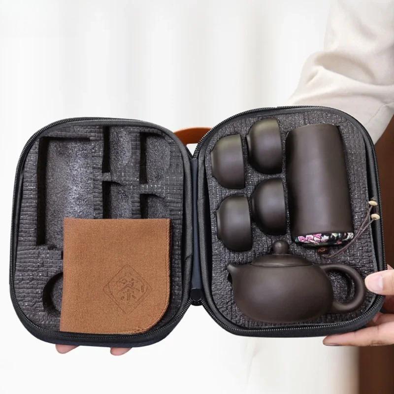 Purple Clay Travel Tea Set Outdoor Portable Kung Fu Tea Set Teas Infuser Teapot Teacup Filter Teas Brewing Utensils Teaware Sets