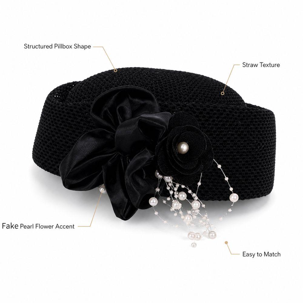 Structured Crown Brimless Cap With Flower Round Dress Hat New Straw Pillbox Hat Daily Outfits
