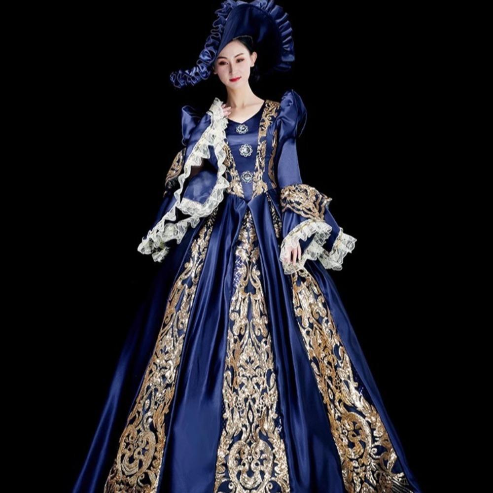 Vintage European Court Gown Women Embroidery Lace Flare Sleeve Victorian Dress with Hat for Party Cosplay