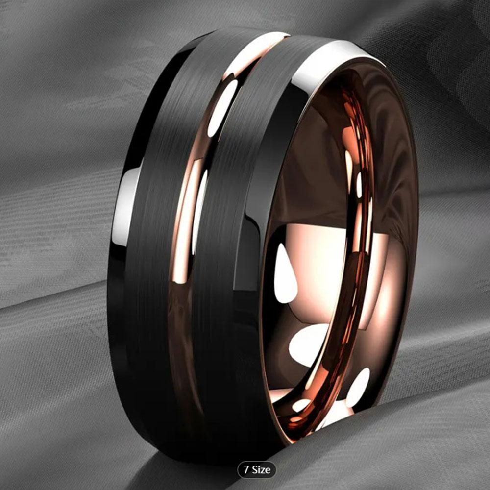 Fashion 8MM Men Gold Color Groove Stainless Steel Rings Black Brushed Engagement Rings for Men Women Wedding Anniversary