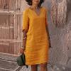 Casual Dress Summer Lady V Neck Three Quarter Sleeves Loose Solid Color Knee Length Simple Style Daily Wear Commute Midi Fit