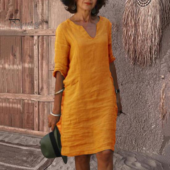 Casual Dress Summer Lady V Neck Three Quarter Sleeves Loose Solid Color Knee Length Simple Style Daily Wear Commute Midi Fit