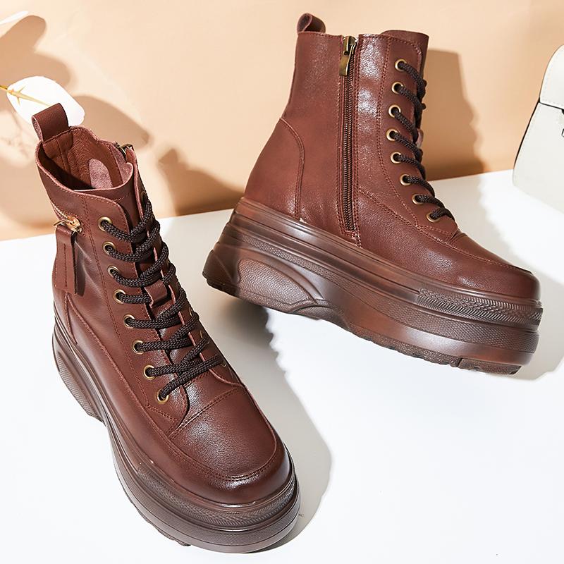 Fashion GKTINOO Ankle Boots Platform Women Genuine Cow Leather Short Boots Round Toe Height Increasing Thick Sole Ladies Shoes Handmade