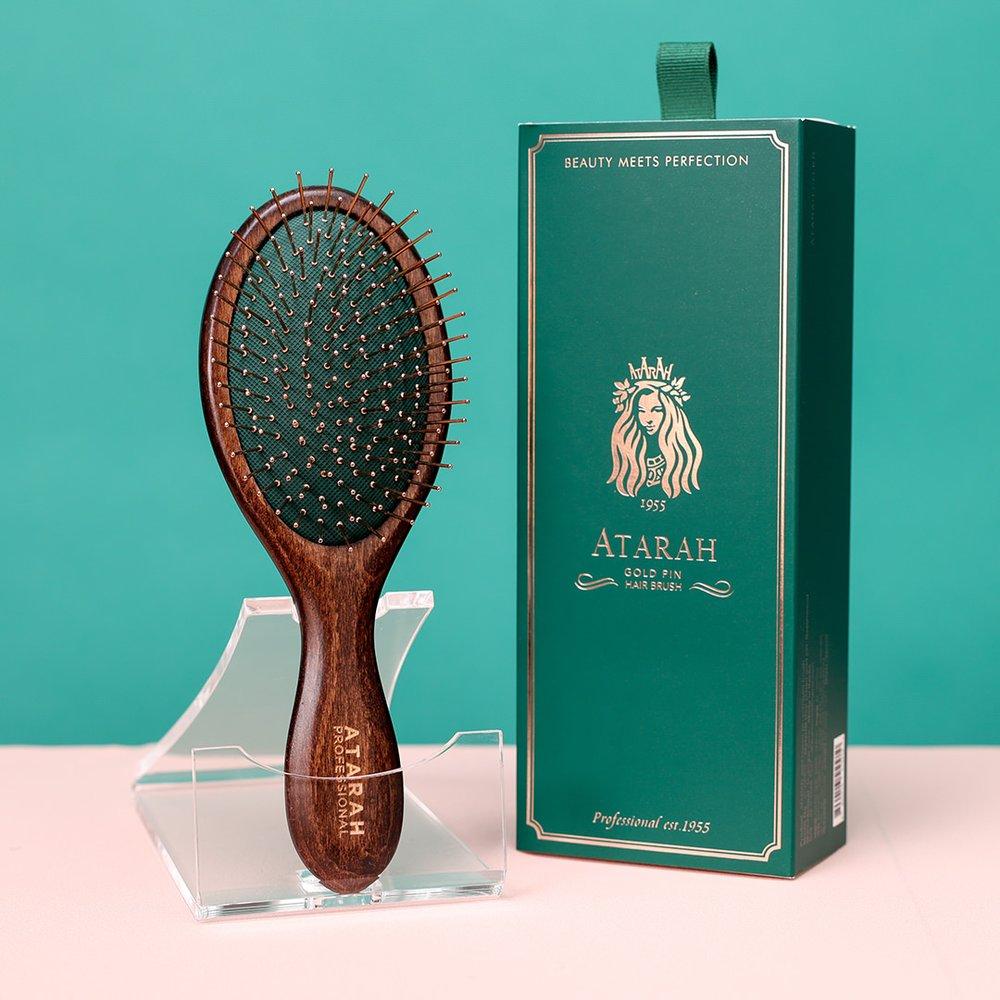 

Gold Pin Cushion Wooden Compact Hair Brush AT-GPCB