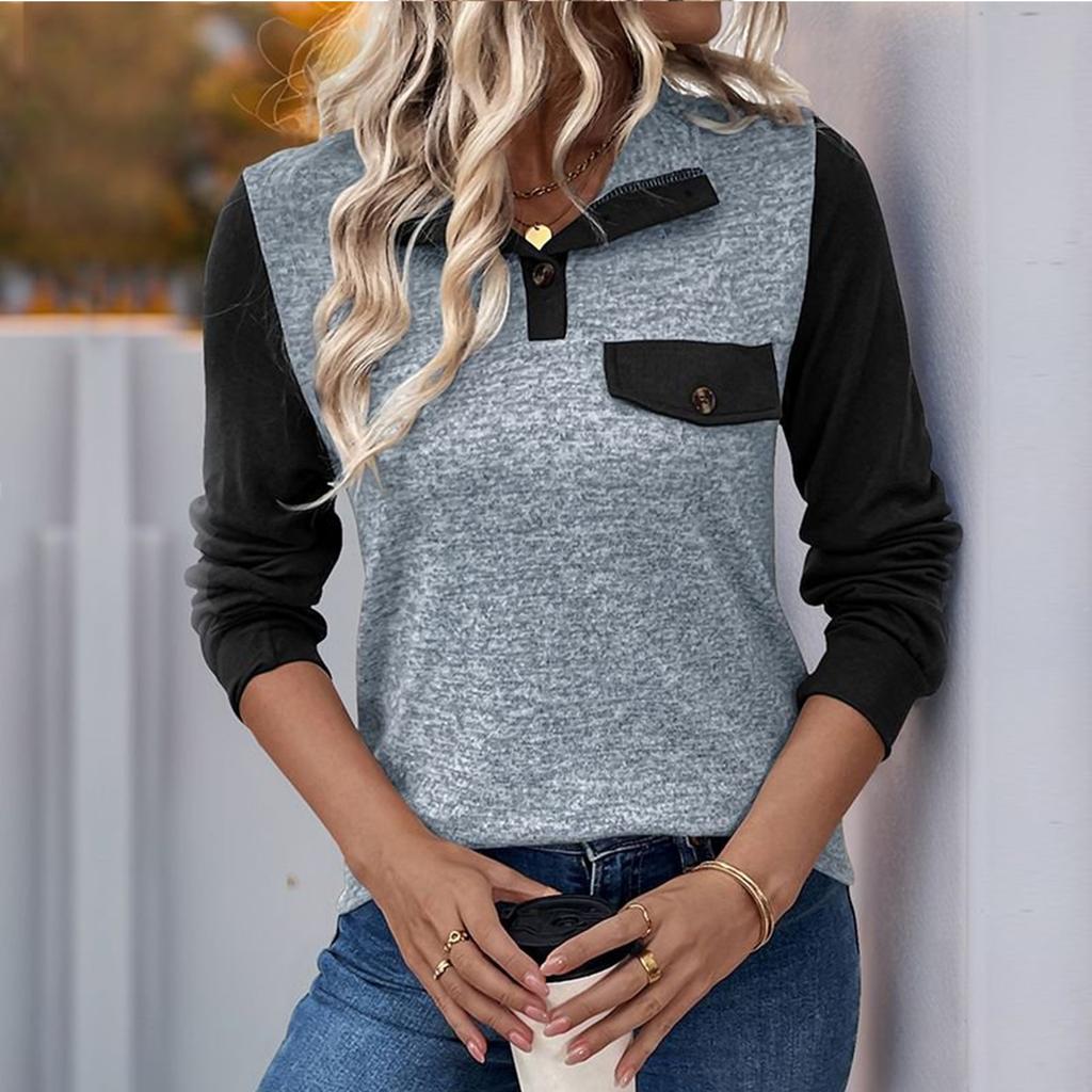 Women's Contrast Color Stitching Top Pullover Lapel Button Casual All-match Top