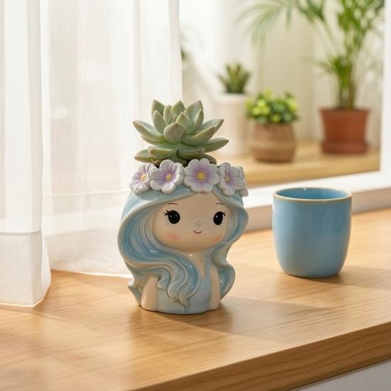 Cartoon Face Planter for Cacti Cute Girl Planter, Blue Hair Garland Head Indoor Plants Decorative Resin Plant Pot Succulents Healing Aesthetic