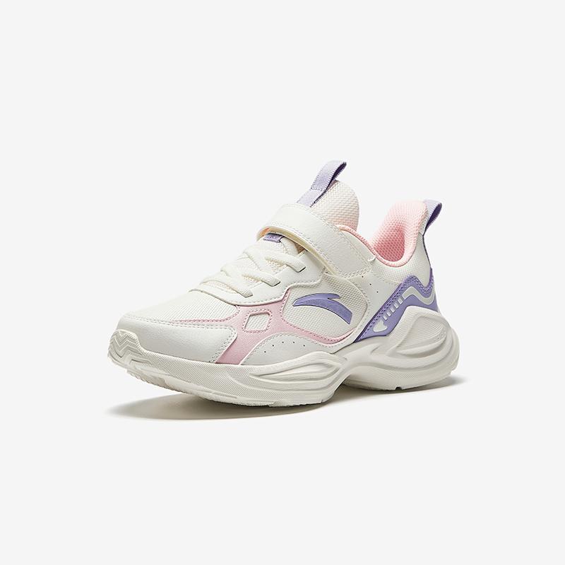 Anta Kids Synthetic Leather Fabric Trendy Versatile Lightweight Shock Absorption Low-Top Running Shoes Kids Sneakers White Pink Purple A22445577N-1