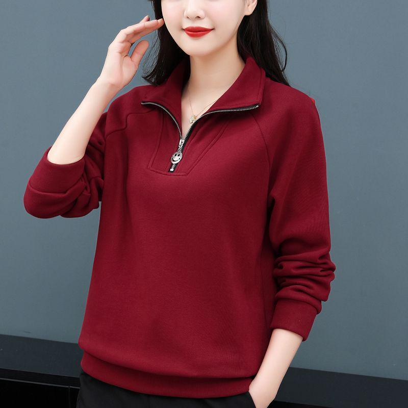 2025 Autumn/Winter Women's Plus Size Fleece-Lined Stand Collar Sweatshirt - Casual Loose Fit Red Jacket