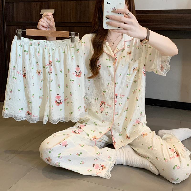 Japanese Small Floral High-Value Cloud Cotton Lace Edge Pajamas Women'S Summer Sweet Short-Sleeved Three-Piece Set