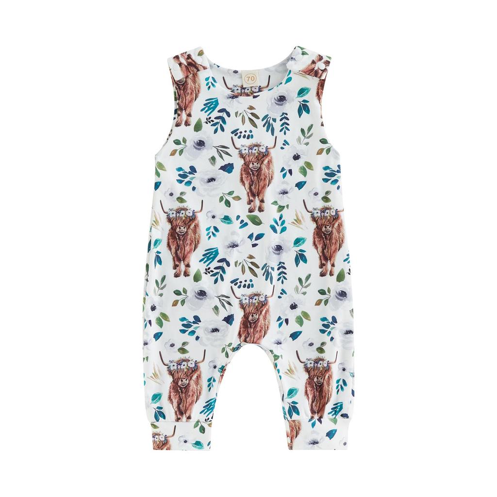 Salopetă ocazională de vară pentru fetițe, fără mâneci, cu decolteu O, cu imprimeu floral de vaci, salopetă largi