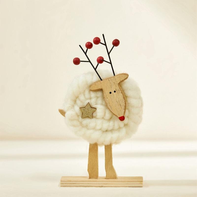 Soft Felt Cloth Santa Clause Reindeer Ornament with Wood Base Plush Wool Felt Christmas Figure Decoration For Tabletop