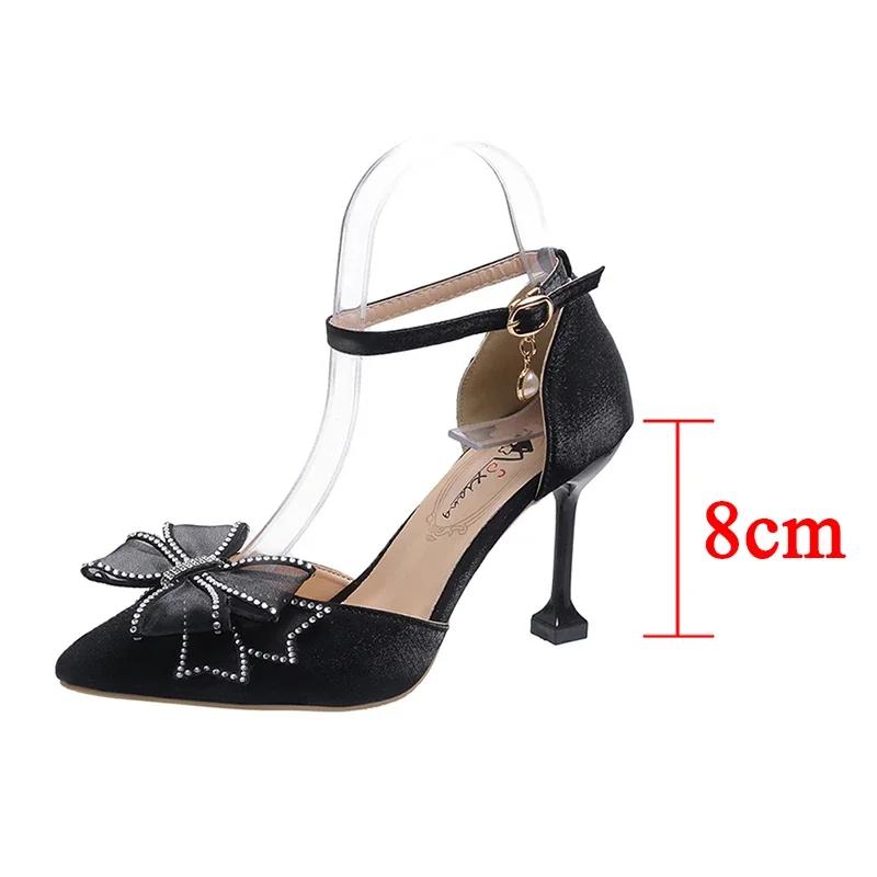 

Fashion Rimocy Sexy Thin Heels Ankle Strap Pumps Women Lace Bowknot Wedding Party Shoes Woman Elegant Pointed Toe Silk High Heels Shoes 34
