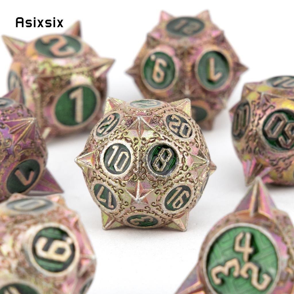 7 Pcs Red Green Meteor Hammer Metal Dice Solid Metal Polyhedral Dice Set Suitable For Role-Playing Dice PropBoard Game Gift