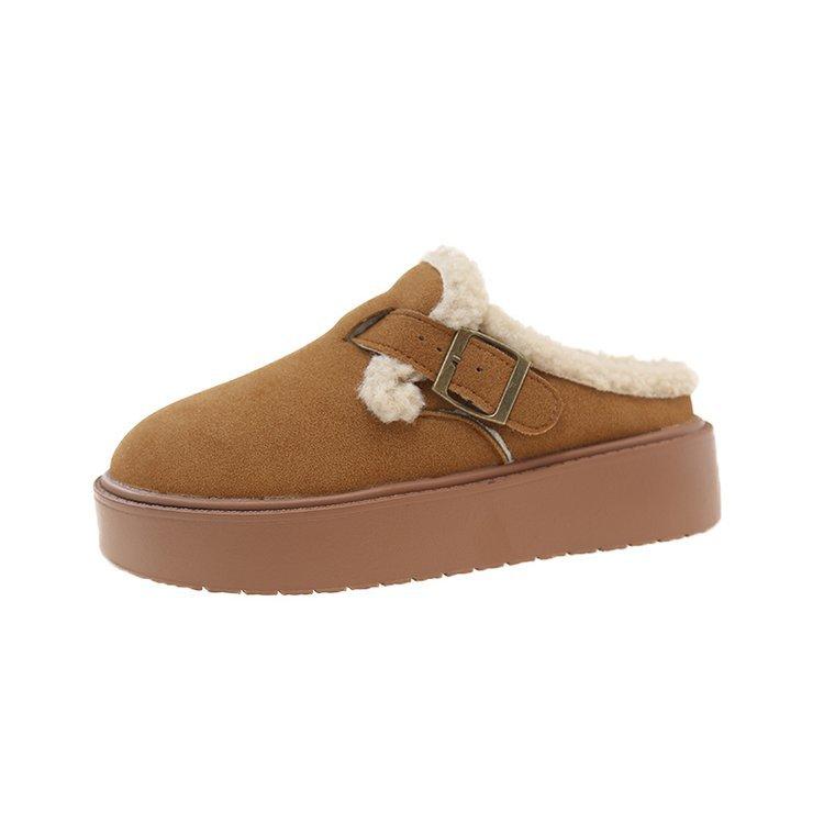 

Женские полутапочки с толстой подошвой из бархата и головным убором, новинка 2024 года, зимние пушистые тапочки с одной педалью, зимние сапоги, хлопковая обувь 40