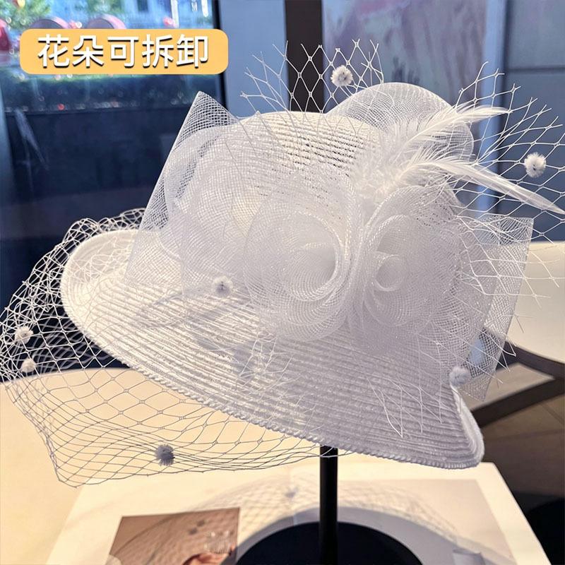 French flower mesh crimped brim basin hat female Hepburn style fashion exquisite banquet travel photo outdoor sun hat