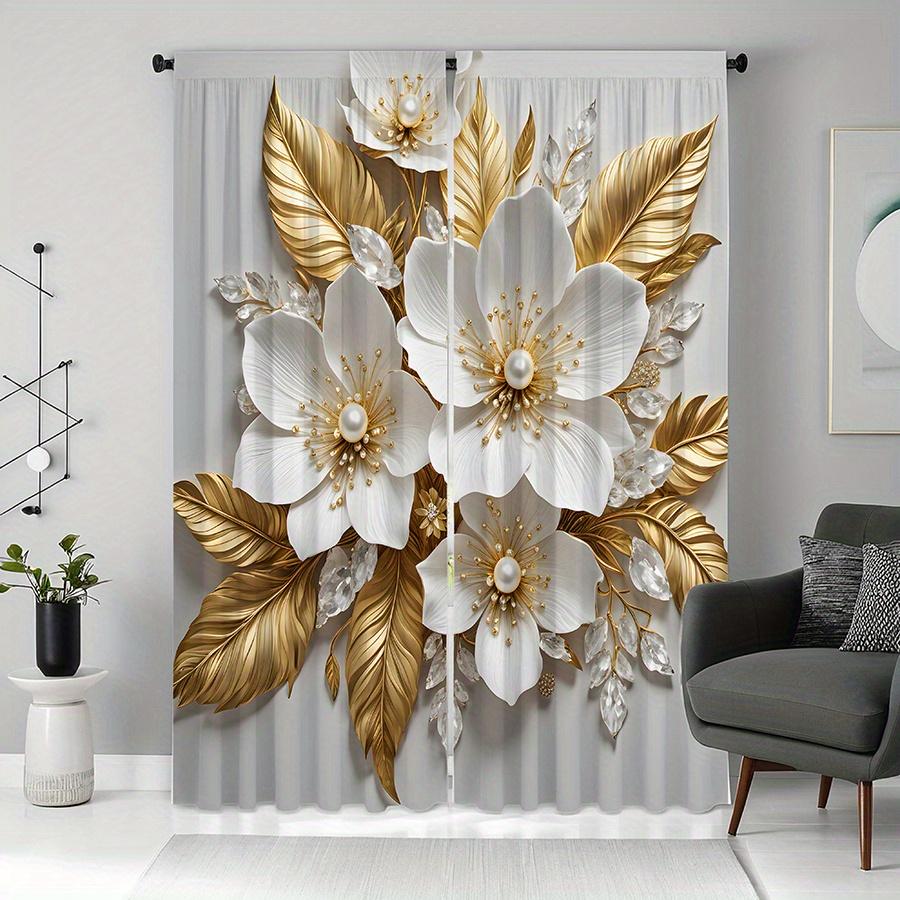 

2pcs Gold and White Floral Print Sheer Curtains – Rod Pocket Design for Living Room Bedroom and All-Season Patio Doors 100*130 Grommet Top 1pcs