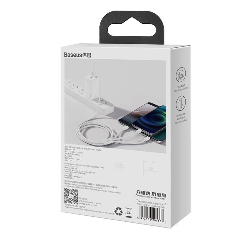 Kabel Szybkiego Ładowania  Baseus Superior Data Usb Do M+L+C 3.5A 0.5M(White)