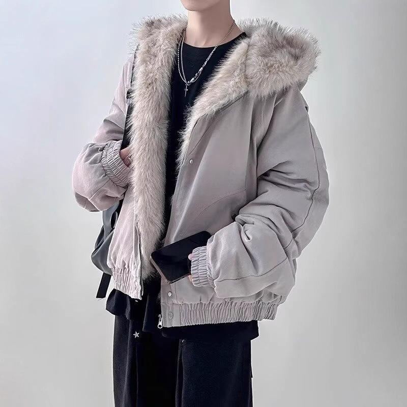 Men's Harajuku-Style Fur Collar Cotton Jacket, Autumn/Winter Fashion, Japanese-Inspired, Casual, Short, Warm, and Stylish.
