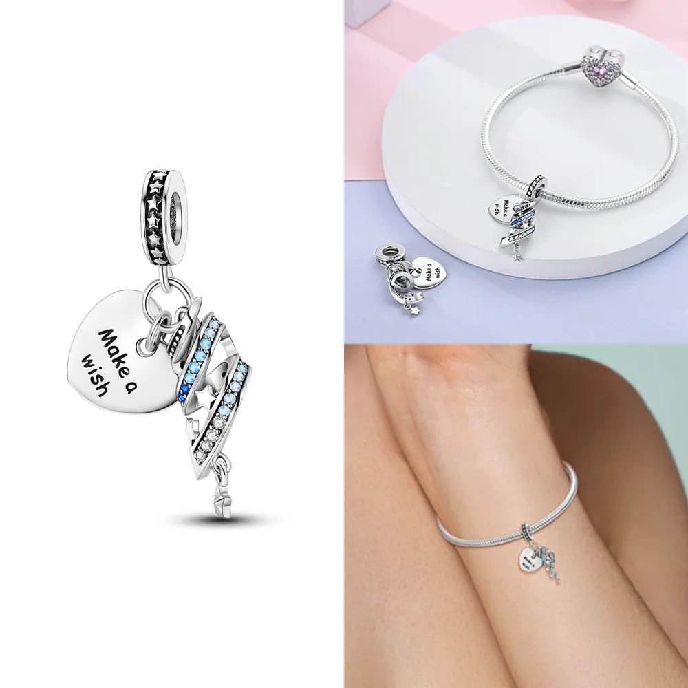 Copper Star Blue Glowing Heart Rocket Astronaut Beads Pendant Charm For Original Bracelet Woman Girl Jewelry