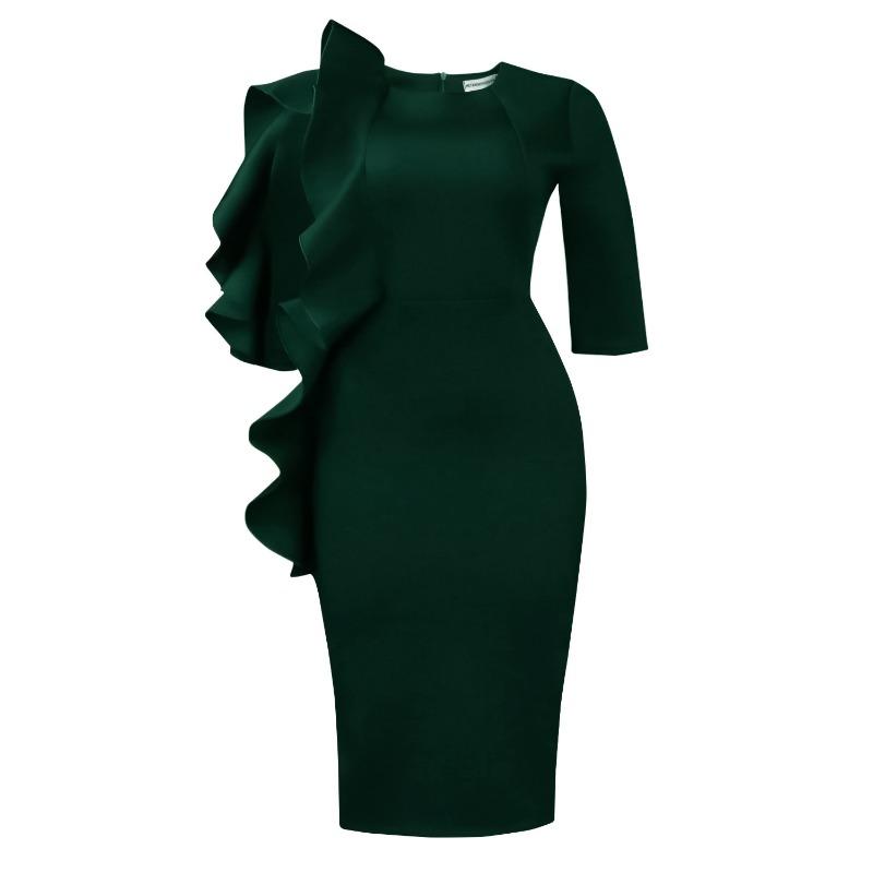Women Elegant Solid High Waist Ruffle Square Neck Bodycon Midi Dress