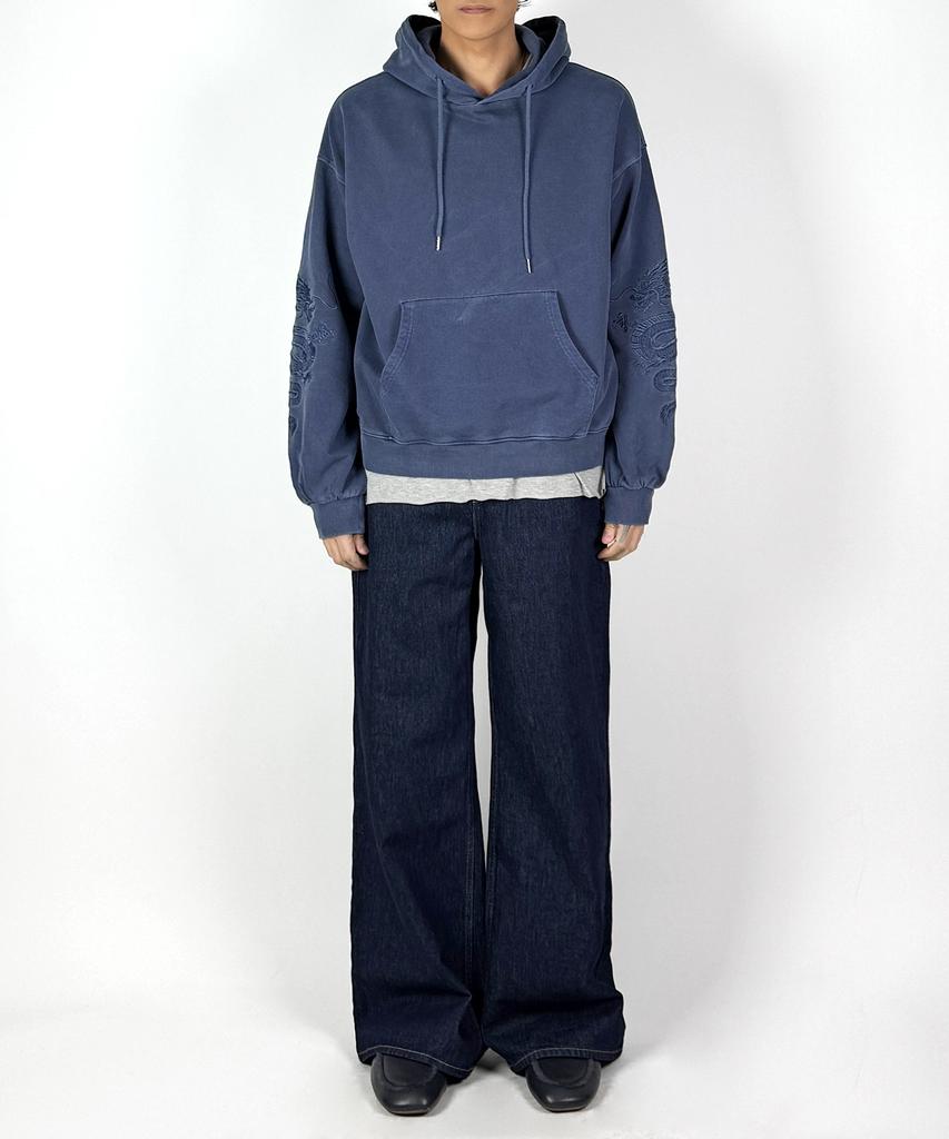 Vintage Dragon Embroidery Oversized Pigment Hoodie (Washed Blue)